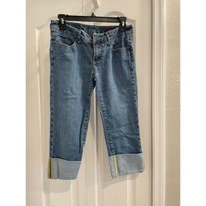 Y2K Express Stella Capri Jeans Womens Cuffed Crop Denim Blue Embellished Pockets
